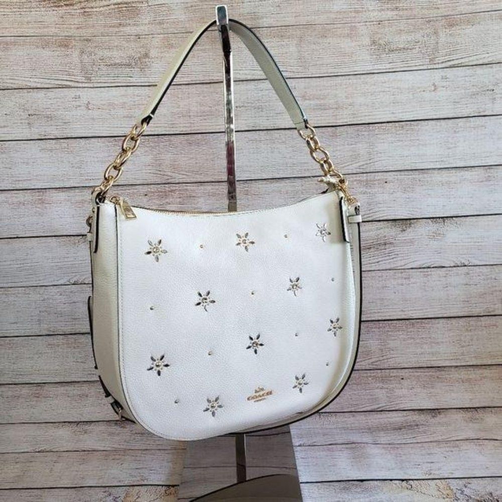Coach Studded Elle Hobo Refined Pebble Leather Shoulder Crossbody Handbag Chalk - Picture 2 of 15